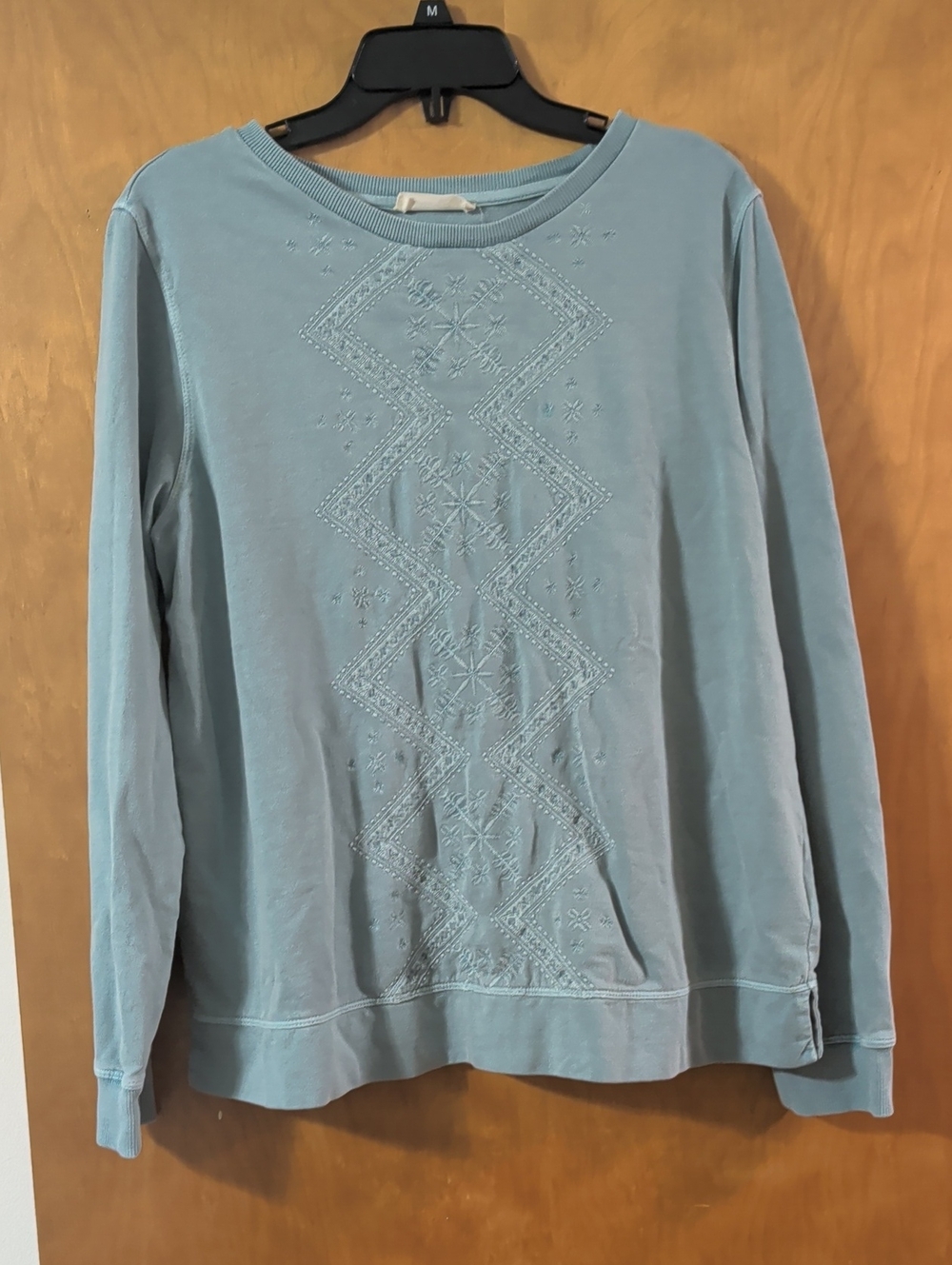 WoolOvers Light Teal Blue Embroidered Long-Sleeve Women's Crewneck Sweatshirt